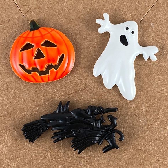 Set Of 3 JJ Jonette Halloween Pins Pumpkin Ghost And Witch Pin - Picture 1 of 5